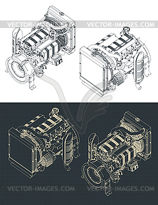 Diesel engine isometric blueprints - vector image