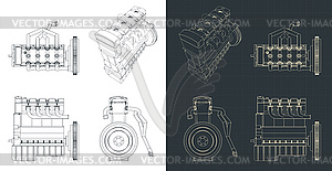 Four-stroke car engine drawings - vector image