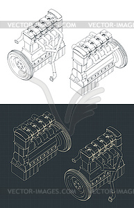 Изометрические чертежи четырехтактного автомобильного двигателя - изображение в векторе