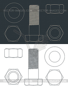 Hexagon bolt and nuts head blueprints - vector image