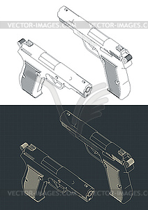 Pistol isometric blueprints - vector image