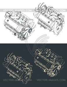 Изометрические чертежи мощного двигателя V8 с турбонаддувом - стоковый векторный клипарт