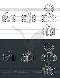 Control valve with bypass isometric blueprints - vector image