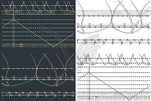 Забор с колючей проволокой и бритвой изолентой - векторный эскиз