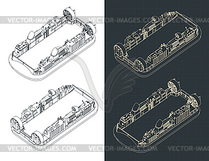 Navy carrier hovercraft isometric blueprints - vector clip art