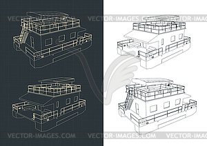 Pontoon floating house drawings - vector clip art