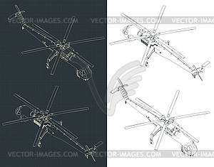 Crane helicopter isometric blueprints - vector image