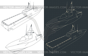 Modern stealth corvette drawings - vector clipart