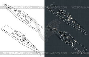 Modern stealth warship isometric blueprints - vector image