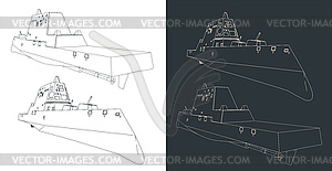 Modern stealth warship sketches - vector clipart