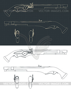 Ancient wheellock pistol blueprints - vector clipart