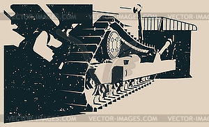 Crawler bulldozer retro poster template - vector image