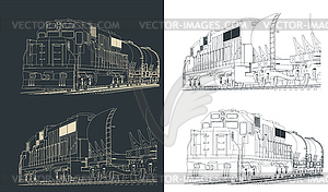 Локомотив с эскизами вагонов-цистерн - векторное изображение EPS