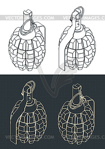 Hand greenade isometric blueprints - vector image