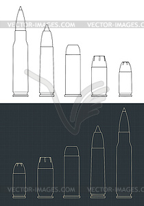 Bullets of various calibers blueprints mini set - vector image