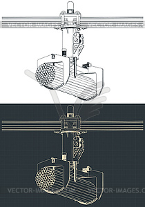 Overhead crane with bunching grab drawings - vector clipart