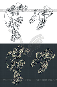 Bicycle rear derailleur isometric blueprints - vector clip art