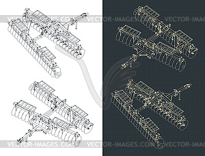 Disc harrow isometric blueprints - royalty-free vector clipart