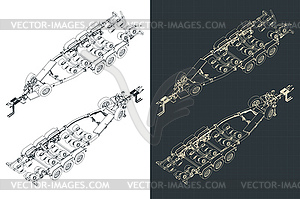 Tri axle boat trailer isometric blueprints - vector clip art