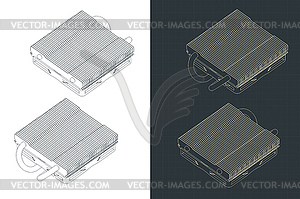 Slim CPU cooler isometric blueprints - vector clip art