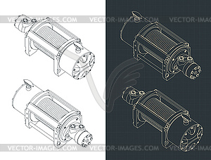 Hydraulic winch isometric drawings - vector image