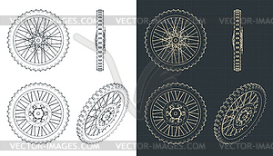 Чертежи передних колес грязевого велосипеда - векторное изображение EPS