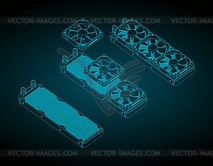 Изометрические чертежи системы жидкостного охлаждения компьютера - иллюстрация в векторе