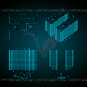 Чертежи процессорного кулера башенного типа - рисунок в векторном формате