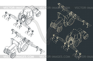 Tractor with plowing equipment isometric blueprints - vector clipart