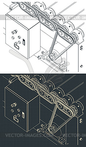 Roller conveyor mechanism and control drawings - vector clipart