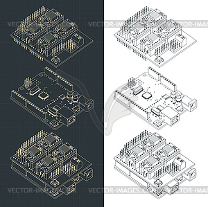 Arduino Uno and CNC shield drawings - vector clip art