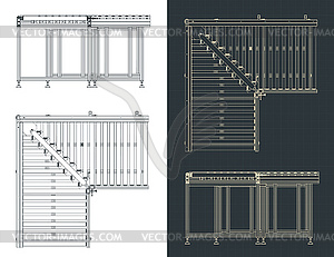 Corner section of roller conveyor blueprints - vector image