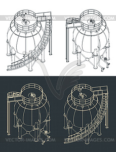 Spherical storage tank isometric blueprints - vector clipart / vector image