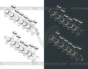 Поршни двигателя на изометрических чертежах коленчатого вала - стоковое векторное изображение