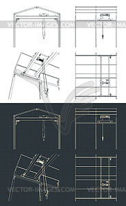 Overhead crane and warehouse structure blueprints - vector clipart