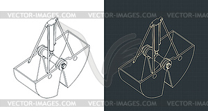 Clamshell digging bucket isometric blueprints - vector clipart