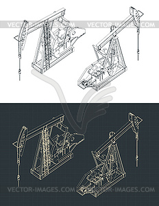 Oil pump jack isometric blueprints - vector clip art