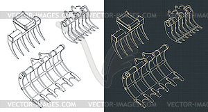 Rake for excavators isometric blueprints - vector clip art