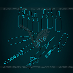 Disposable syringe with needle and ampules - vector clipart