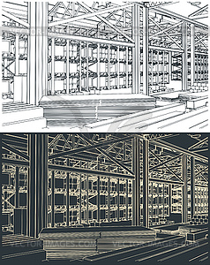 Large warehouse interior sketches - vector image