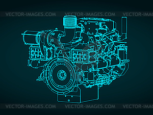 Heavy duty marine diesel engine isometric blueprint - vector clipart