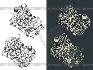 Изометрические чертежи судового дизельного двигателя для тяжелых условий эксплуатации - иллюстрация в векторном формате
