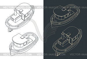Маленькие изометрические чертежи буксира - цветной векторный клипарт