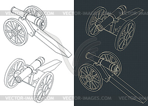 Vintage Cannon Isometric Drawings - vector clipart