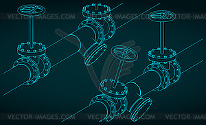 Pipes and valves isometric blueprint - vector clip art