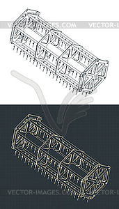 Thresher drum harvester isometric blueprints - vector image