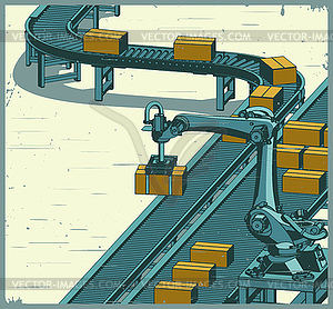 Robotic factory conveyor line retro poster - vector image