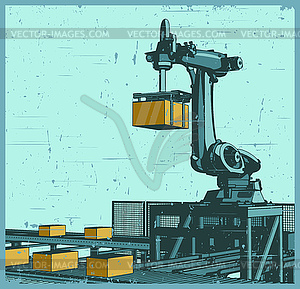 Robotic factory conveyor retro poster - vector image