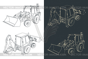 Чертежи экскаватора-погрузчика - векторный дизайн