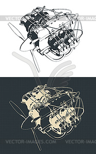 Горизонтально расположенные чертежи авиационных двигателей - изображение в формате EPS